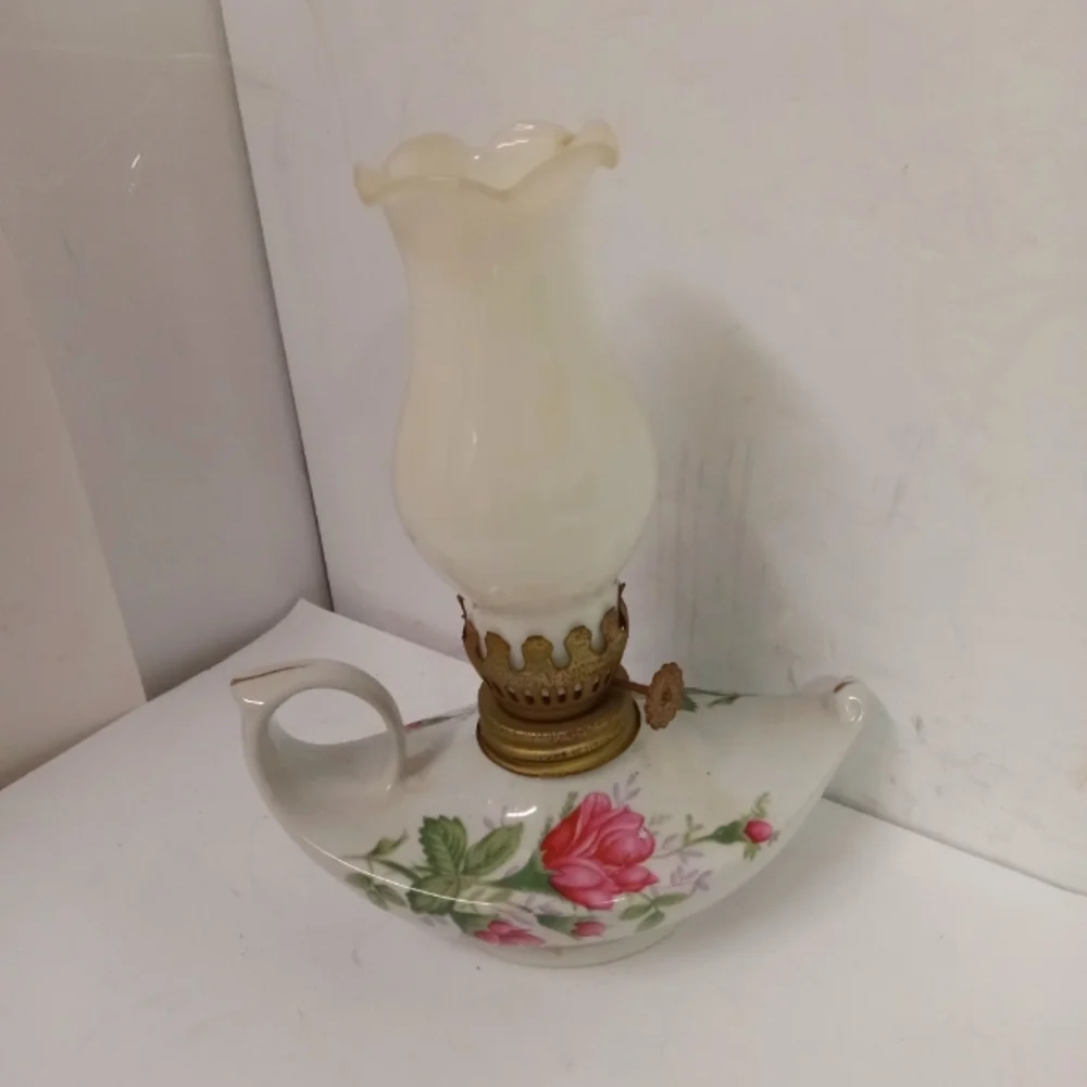 Vintage Miniature Hurricane Oil Lamp Ceramic & Glass 6.5